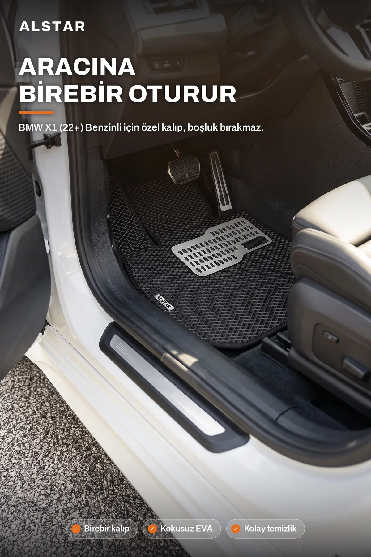 BMW X1 U11 Benzinli EVA paspas araç içi görünüm – sürücü paspası metal topukluk