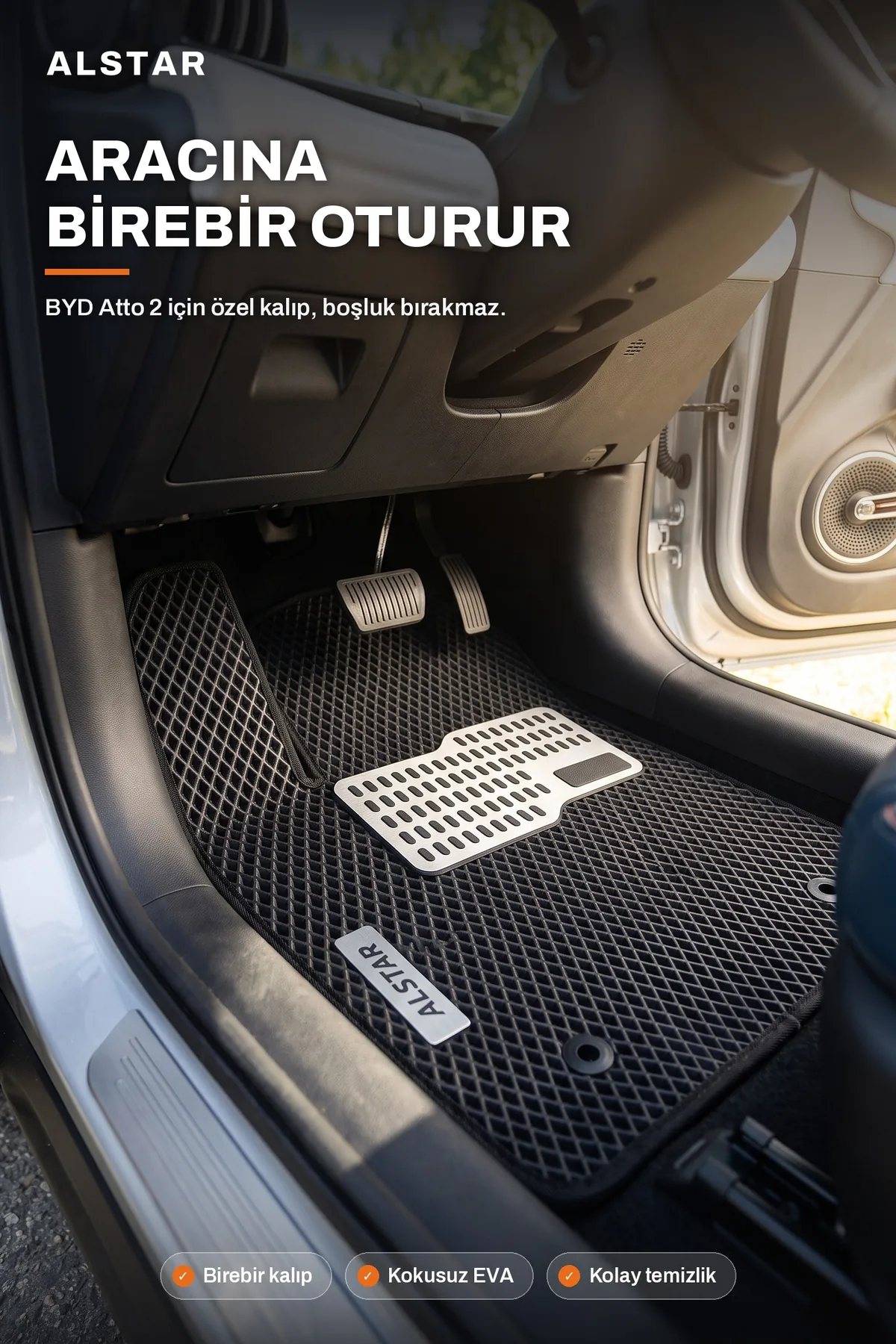BYD Atto 2 EVA paspas araç içi görünüm – sürücü paspası metal topukluk