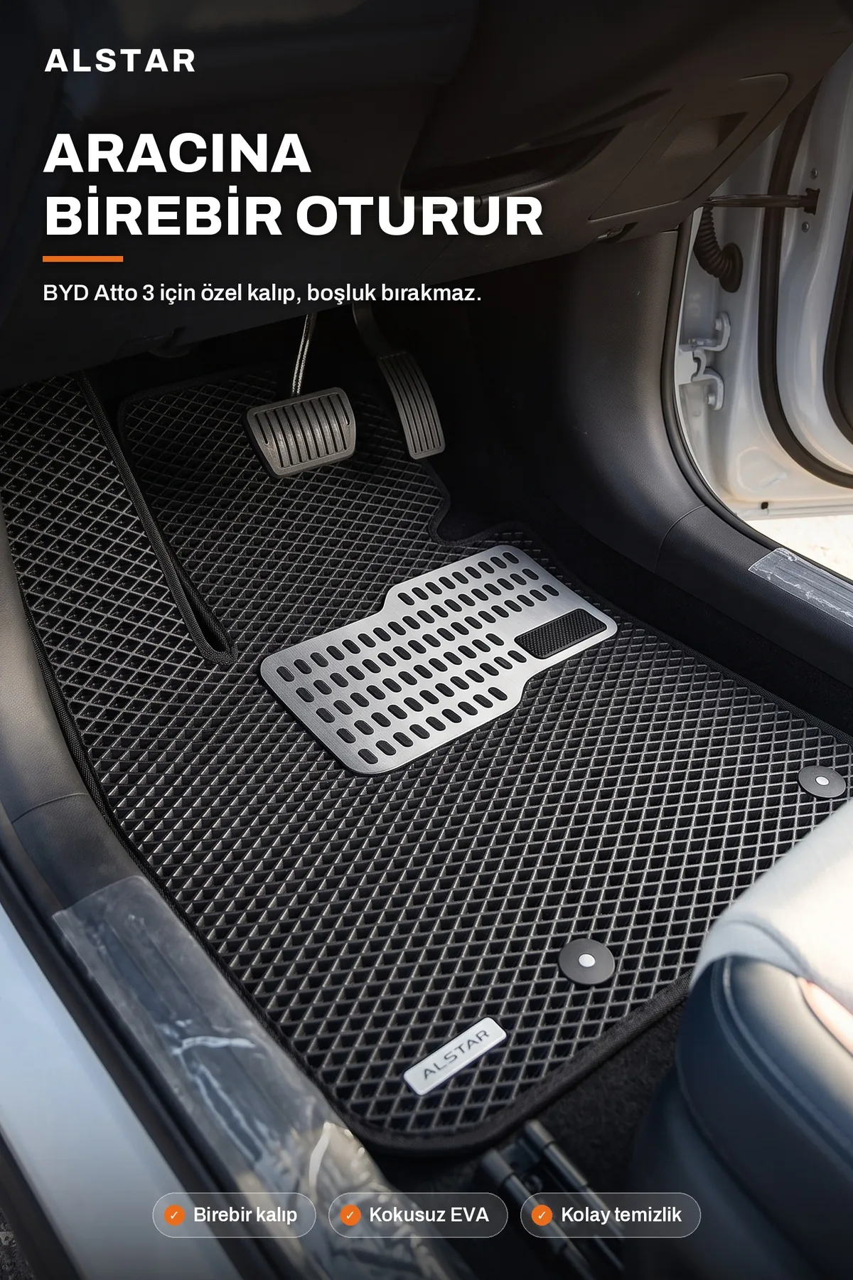 BYD Atto 3 EVA paspas araç içi görünüm – sürücü paspası metal topukluk
