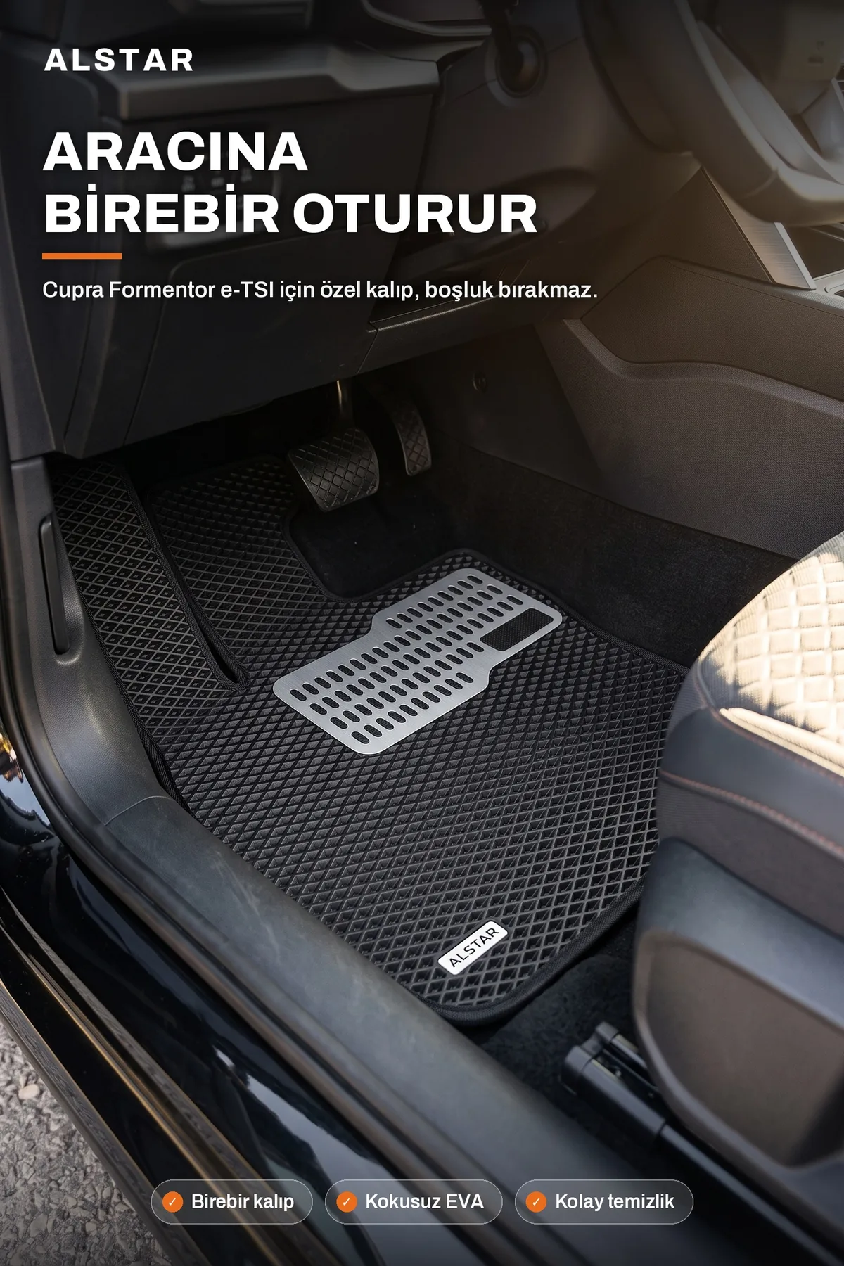 Cupra Formentor eTSI EVA paspas araç içi görünüm – sürücü paspası metal topukluk