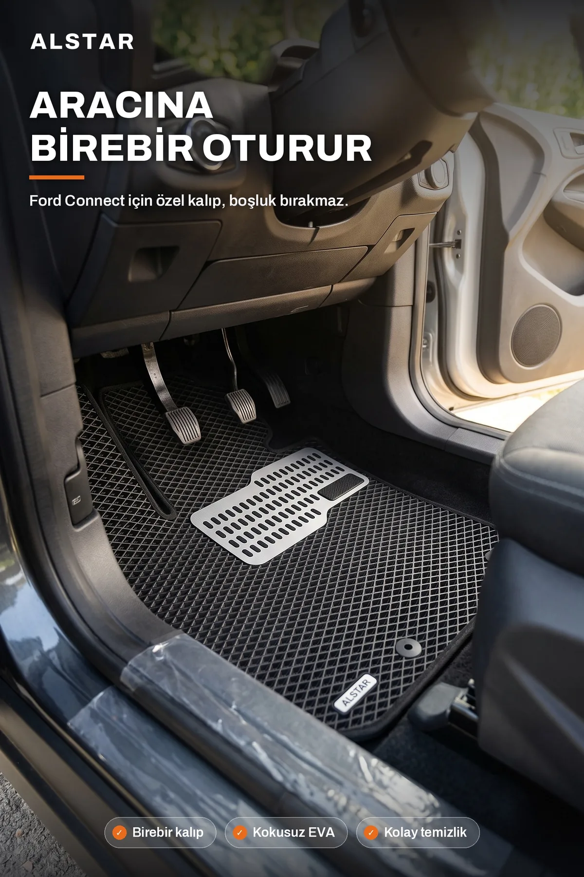 Ford Connect EVA paspas araç içi görünüm – sürücü paspası metal topukluk