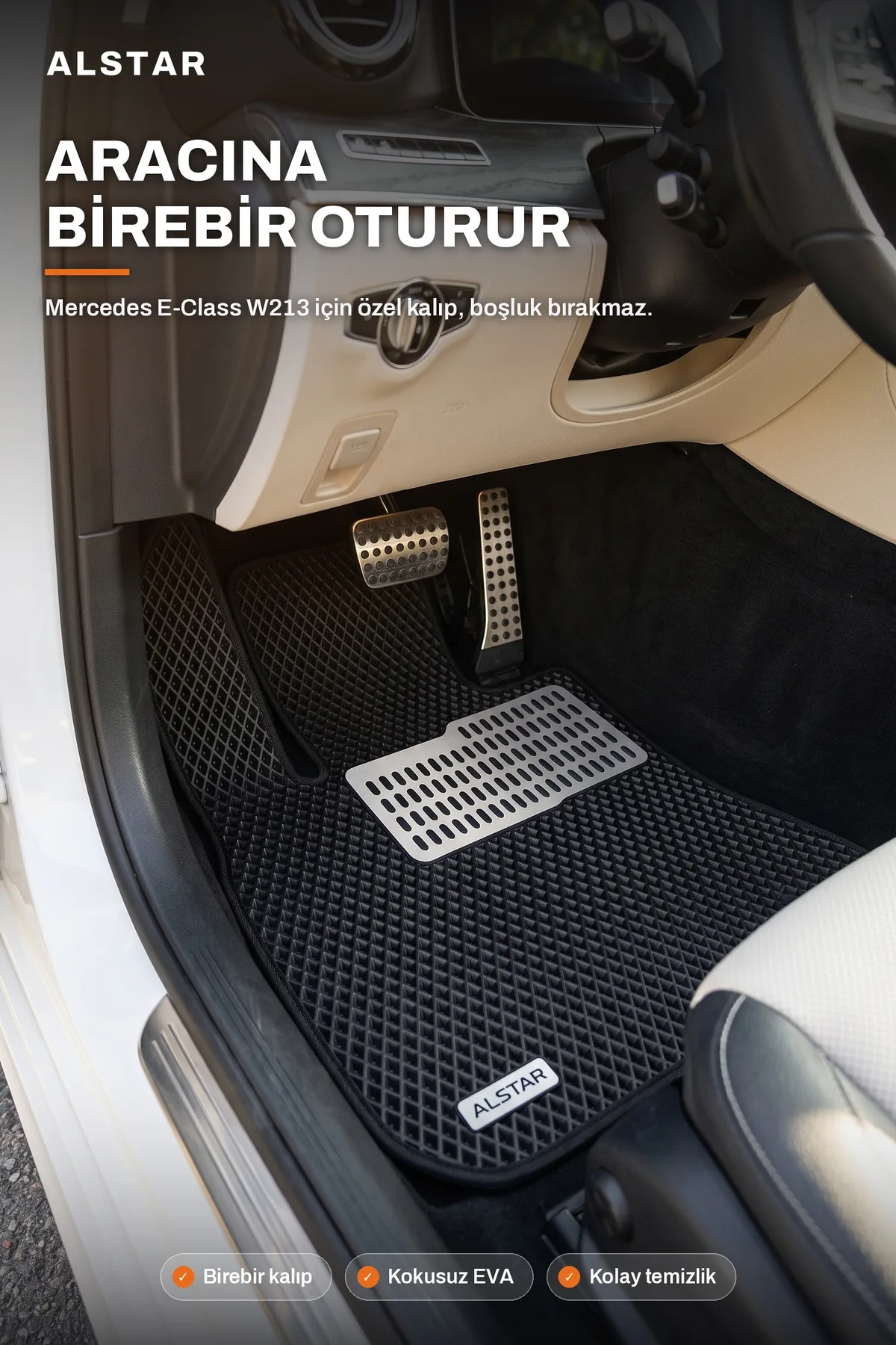 Mercedes-Benz E Serisi W213 EVA paspas araç içi görünüm – sürücü paspası metal topukluk