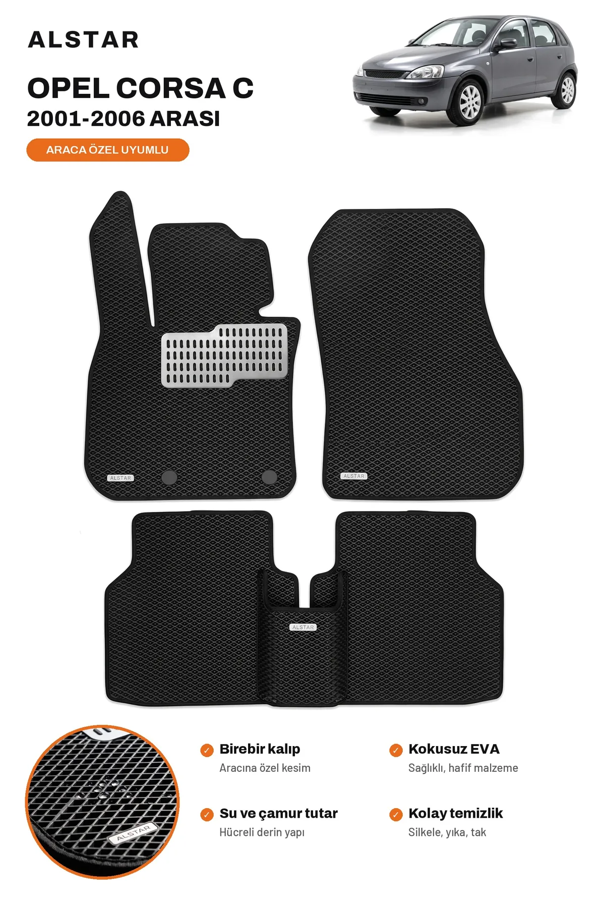 Opel Corsa C (2001–2006) EVA paspas takımı – ALSTAR araca özel ön ve arka set