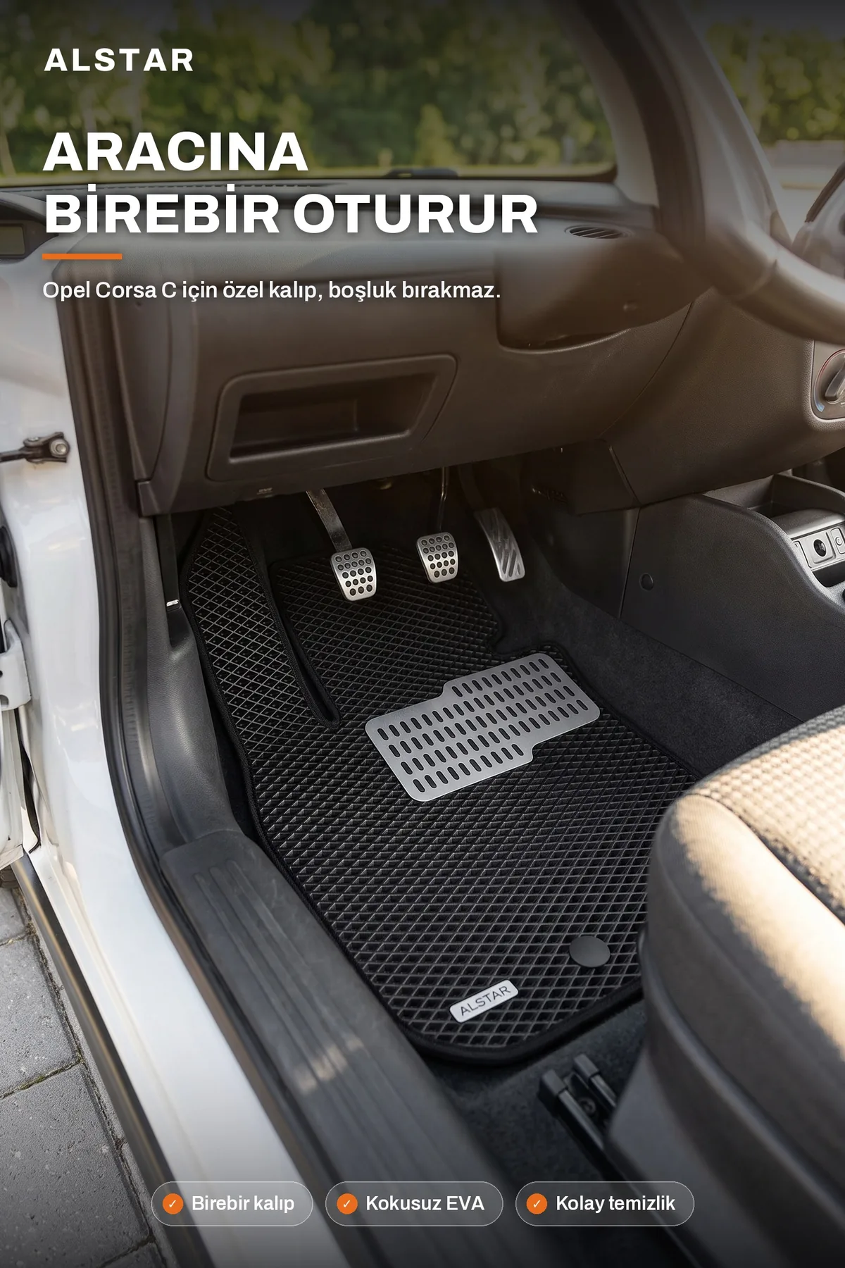 Opel Corsa C EVA paspas araç içi görünüm – sürücü paspası metal topukluk