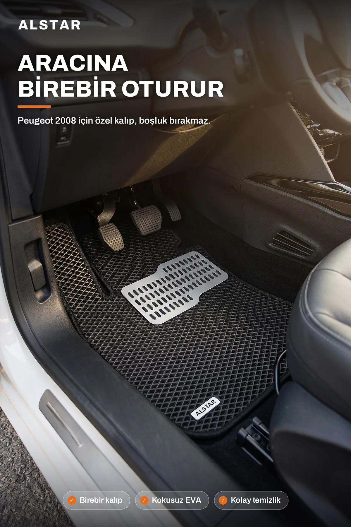 Peugeot 2008 EVA paspas araç içi görünüm – sürücü paspası metal topukluk