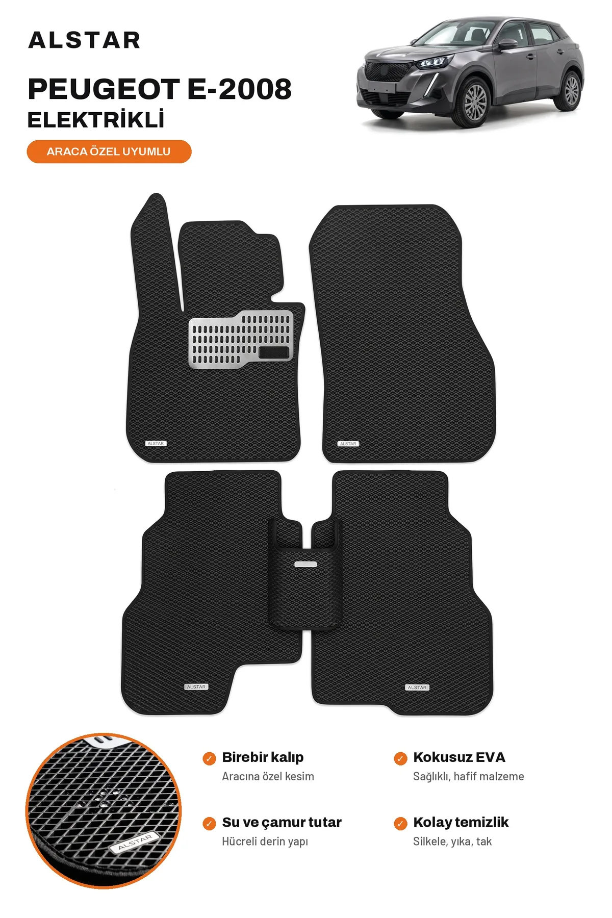 Peugeot e-2008 Elektrikli EVA paspas takımı – ALSTAR araca özel ön ve arka set