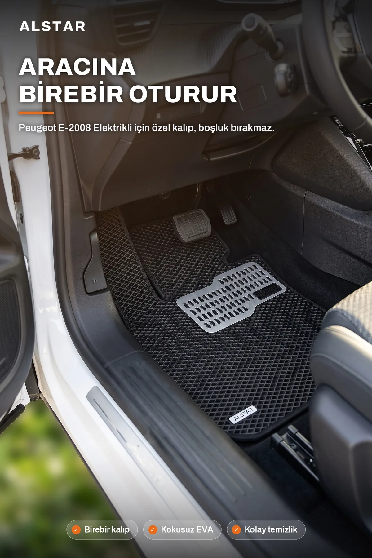 Peugeot e-2008 Elektrikli EVA paspas araç içi görünüm – sürücü paspası metal topukluk